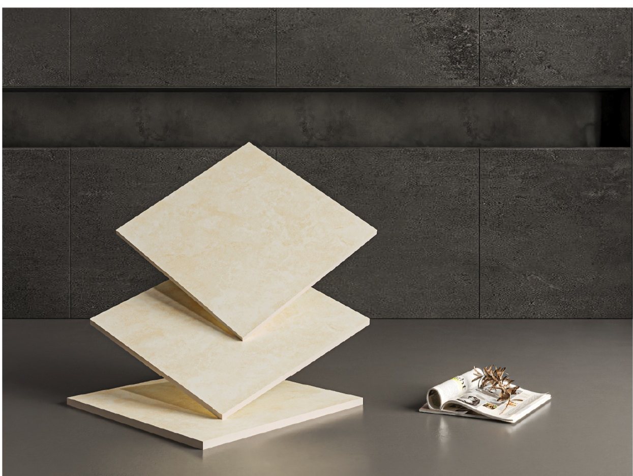 Arban 60x60 cm cream pavers stacked in a showroom setting