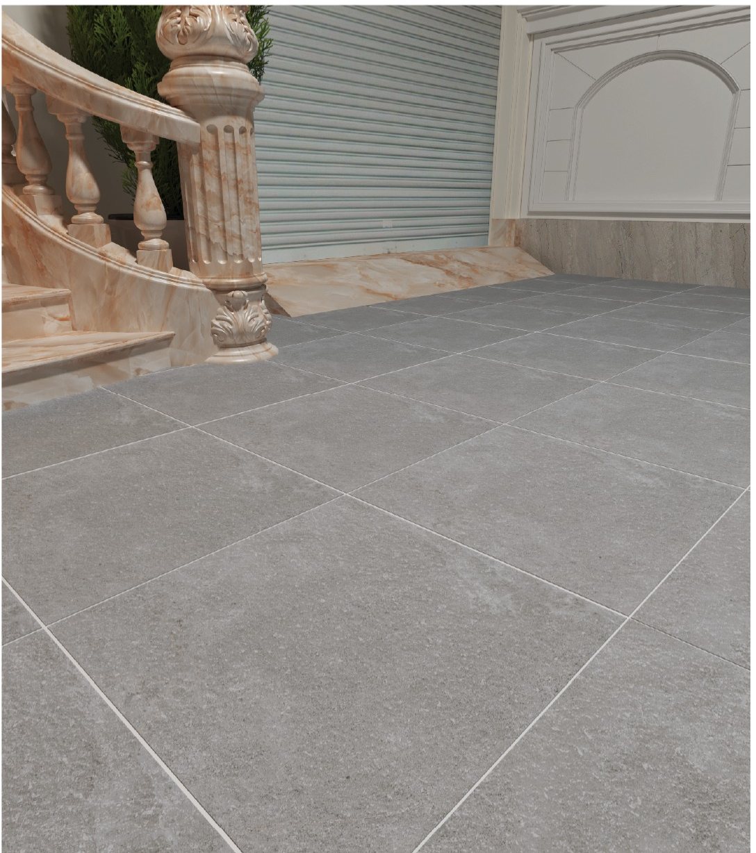 Kawo 60x60 cm grey pavers beside a marble staircase