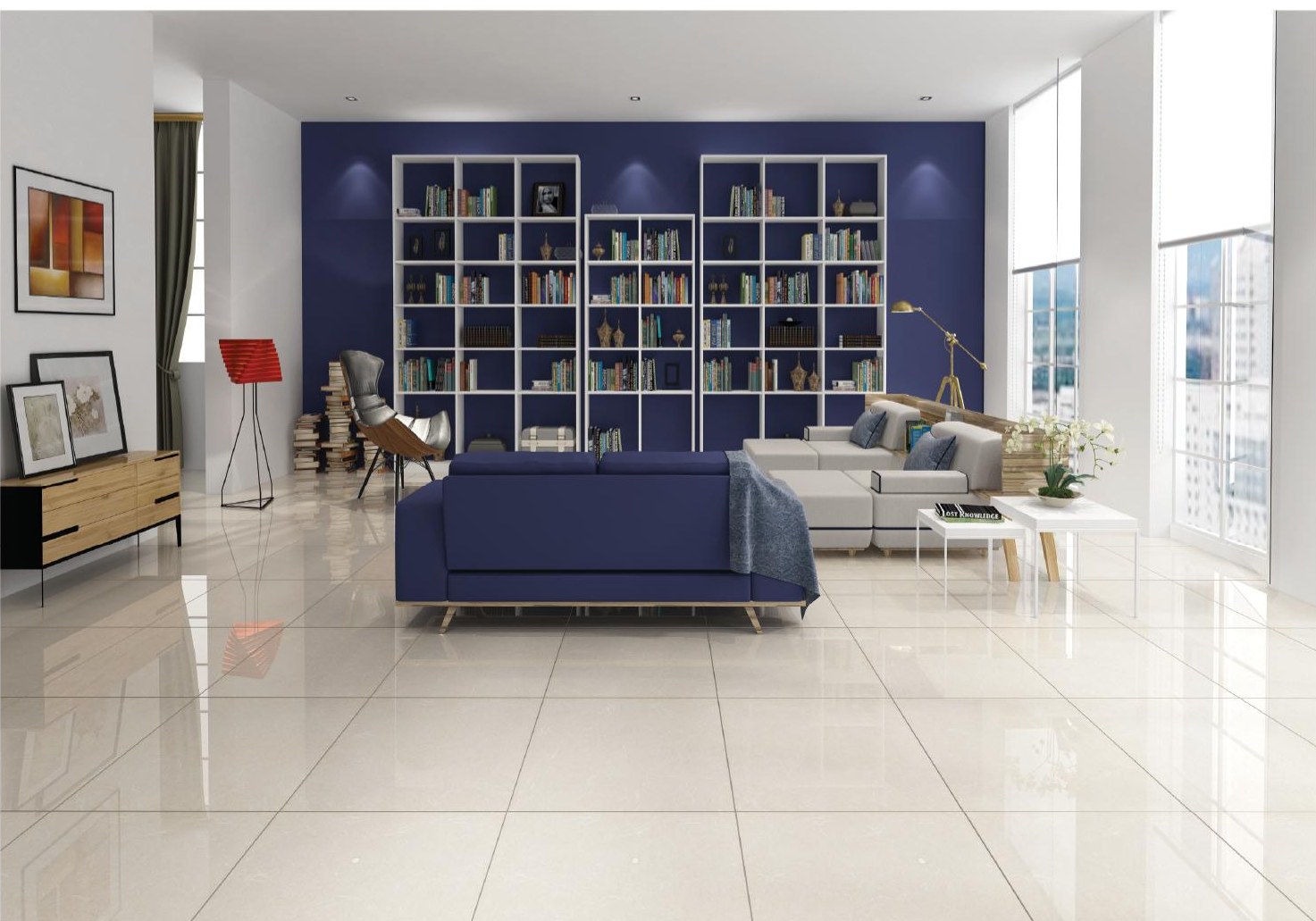 Porcelain floor tiles laid in a modern living room