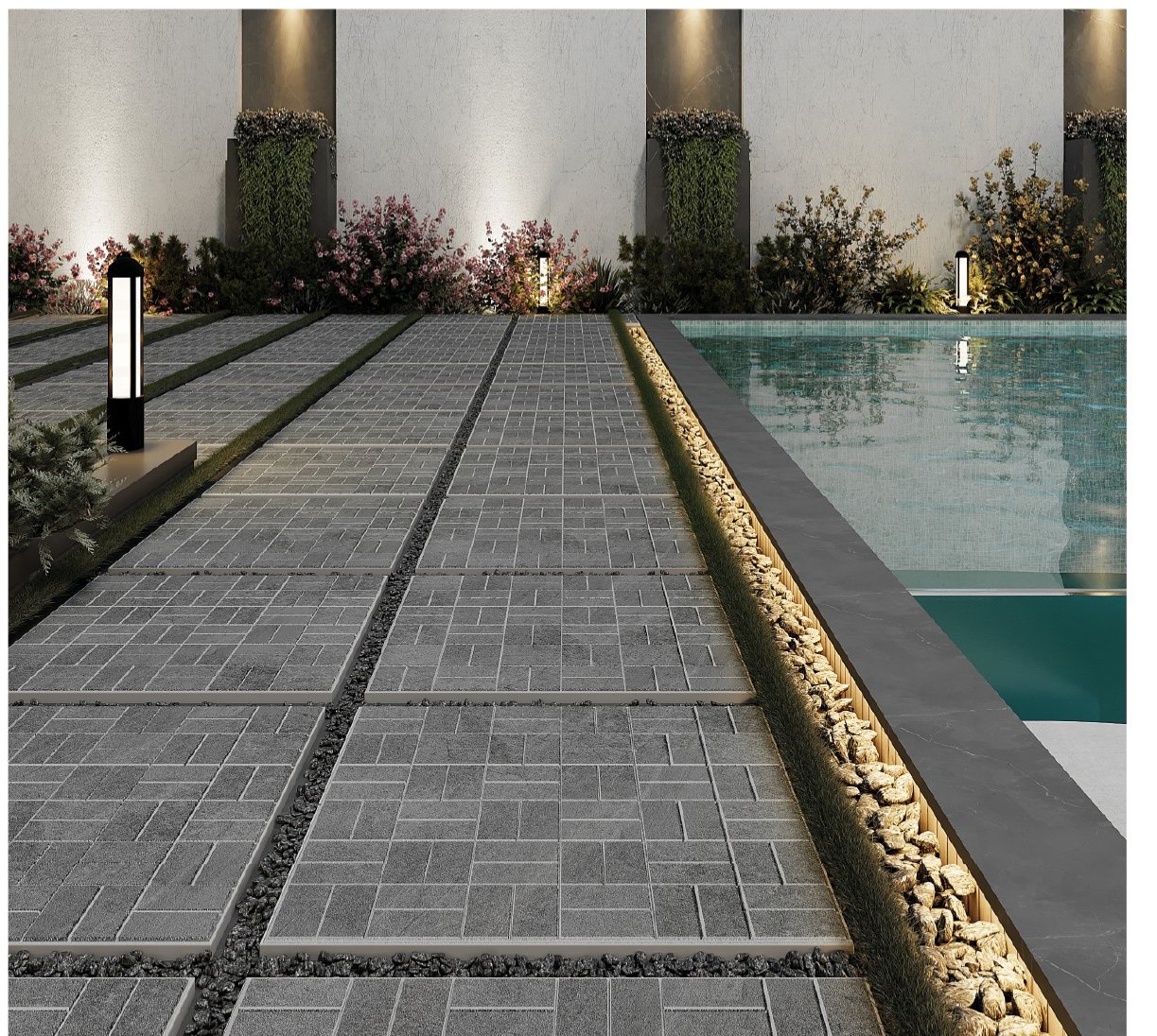 Garden 60x60 cm pavers around a garden pool