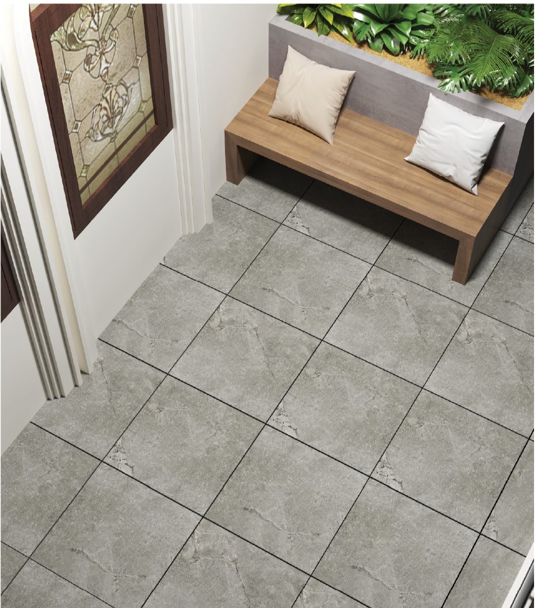 Boulder 60x60 cm anti-slip pavers with a garden bench
