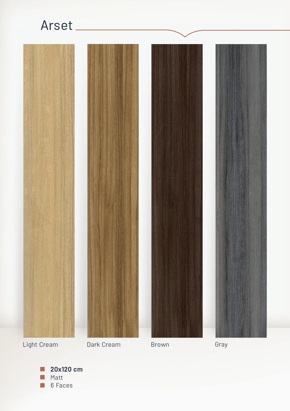 Arset 20x120 tiles in light cream, dark cream, brown and gray