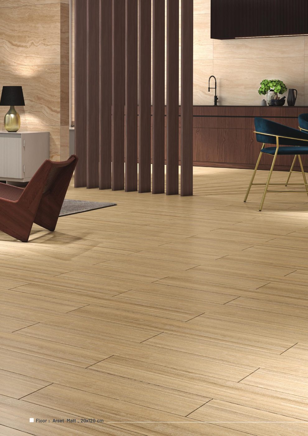 Arset 20x120 wood-look floor tiles in a living space