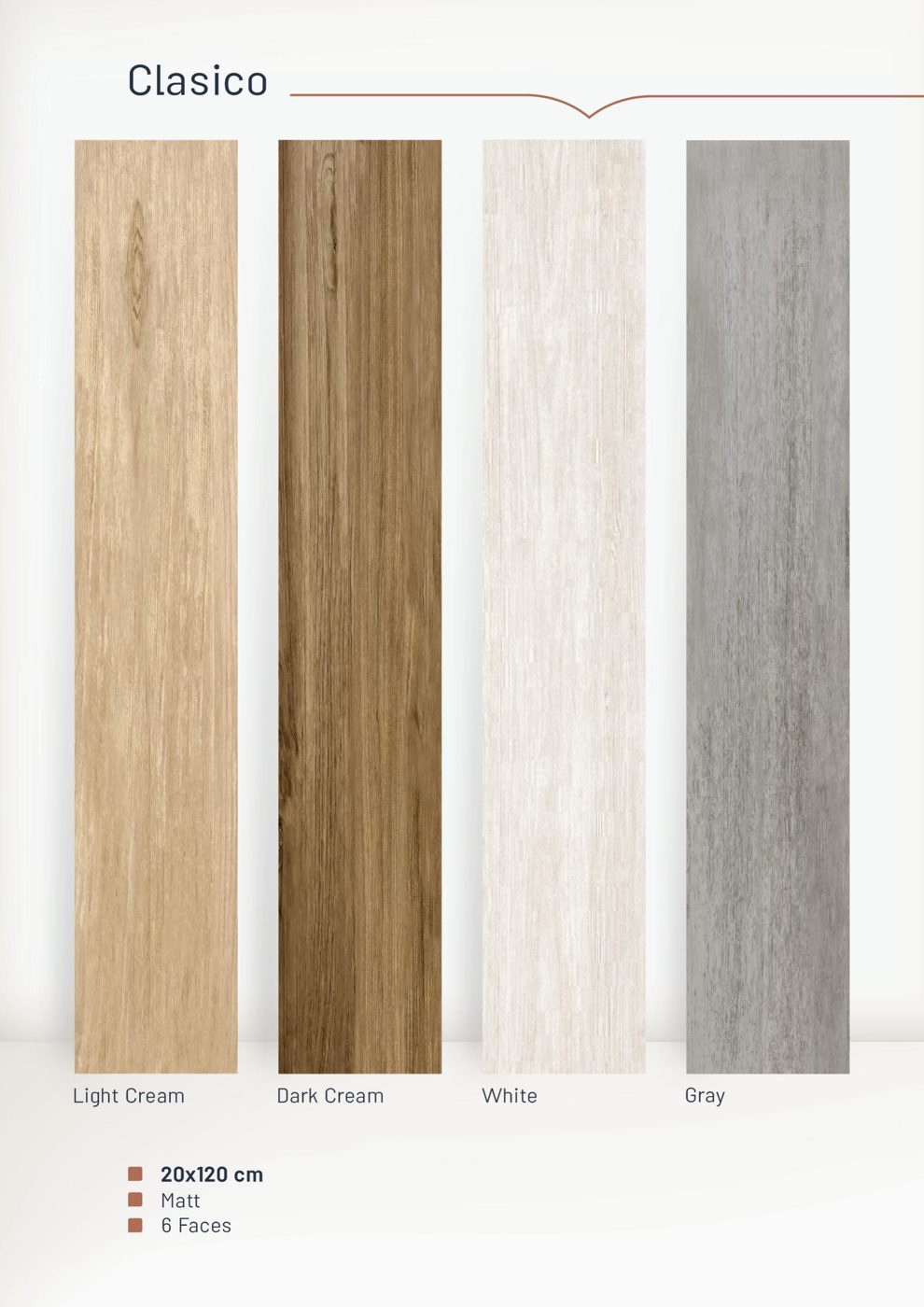 Clasico 20x120 tiles in light cream, dark cream, white and gray