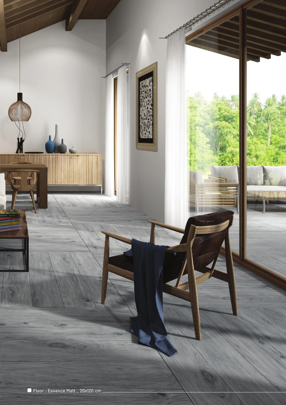 Essence 20x120 wood-look floor tiles in a living room