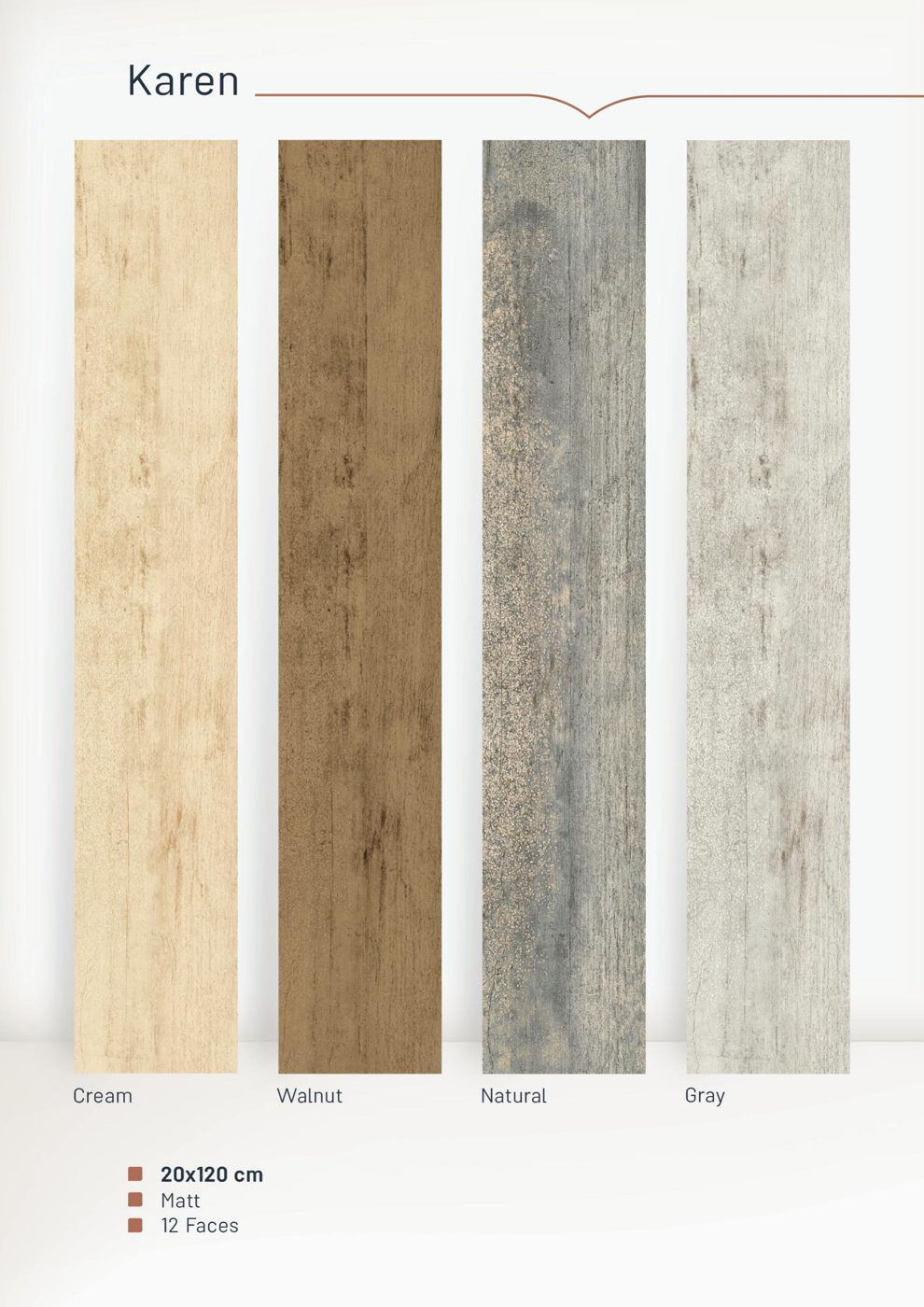 Karen 20x120 tiles in cream, walnut, natural and gray