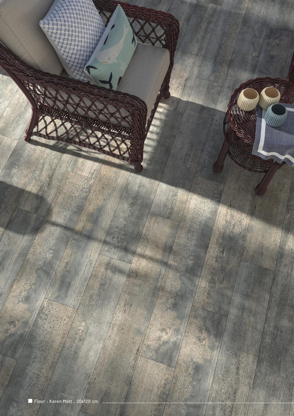 Karen 20x120 wood-look floor tiles in a terrace setting