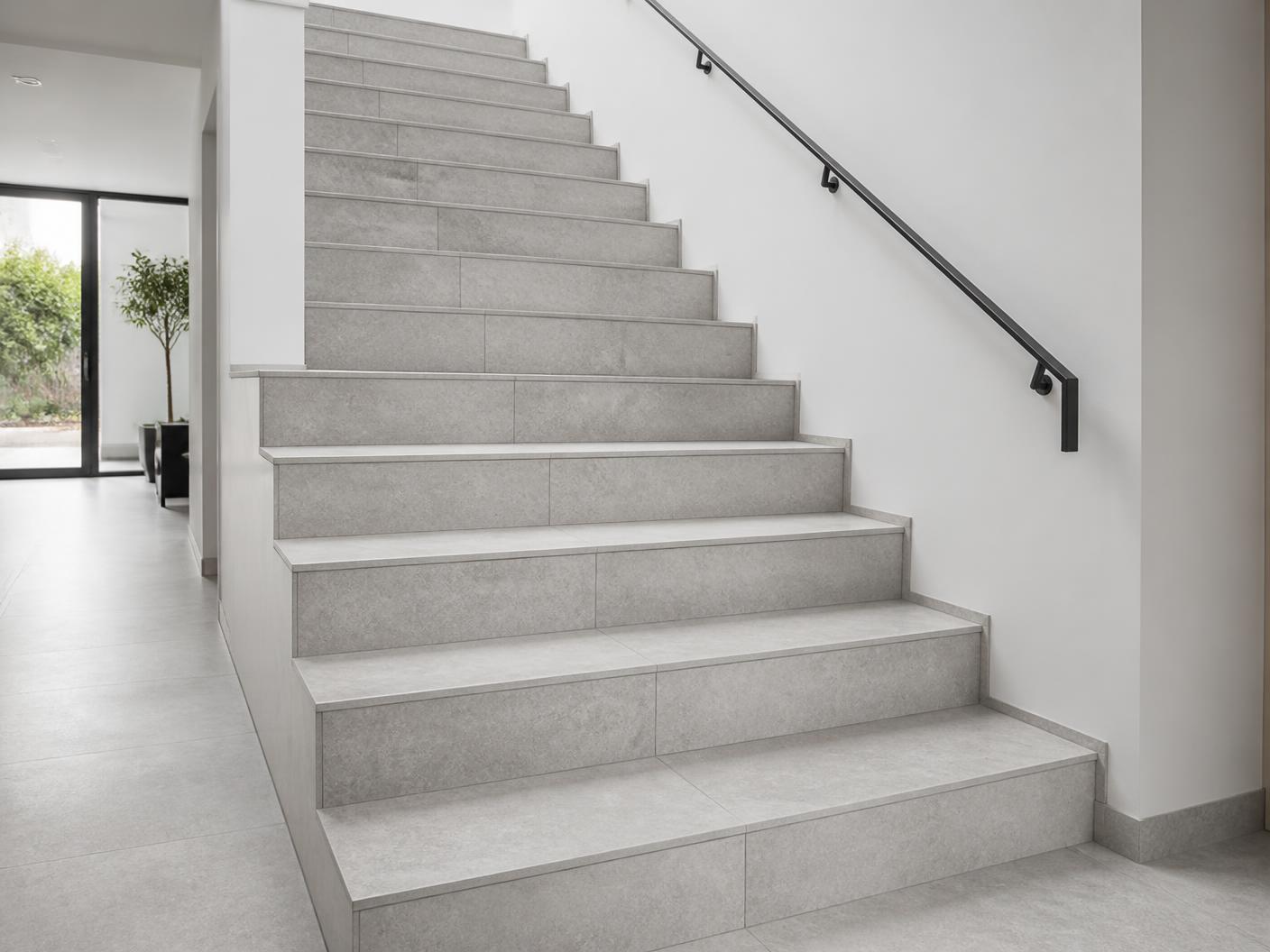 Contemporary staircase finished with stone-effect porcelain treads and matching risers